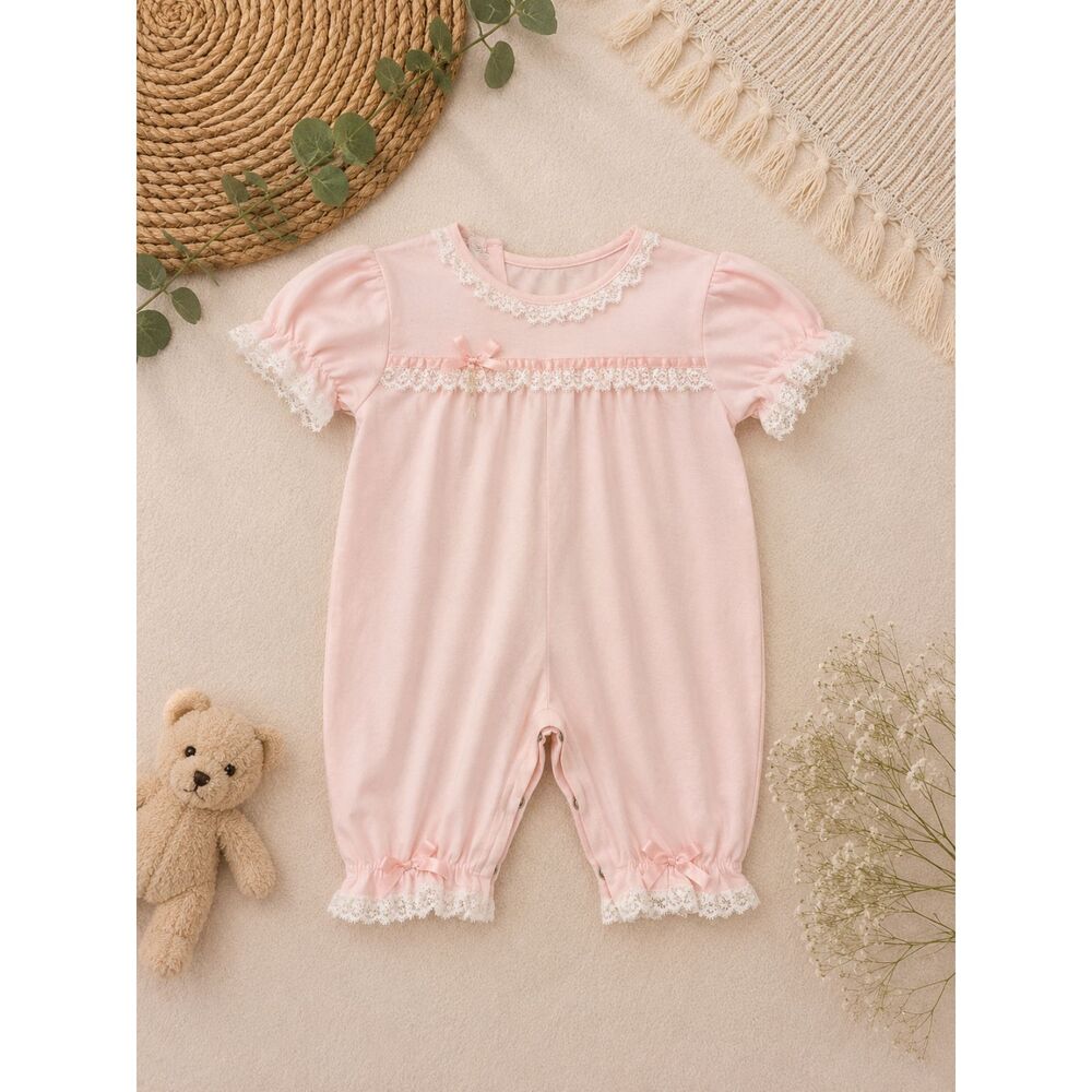 Vintage Pique-Nique Baby Girls Pink Lace Trim Romper 3 Months